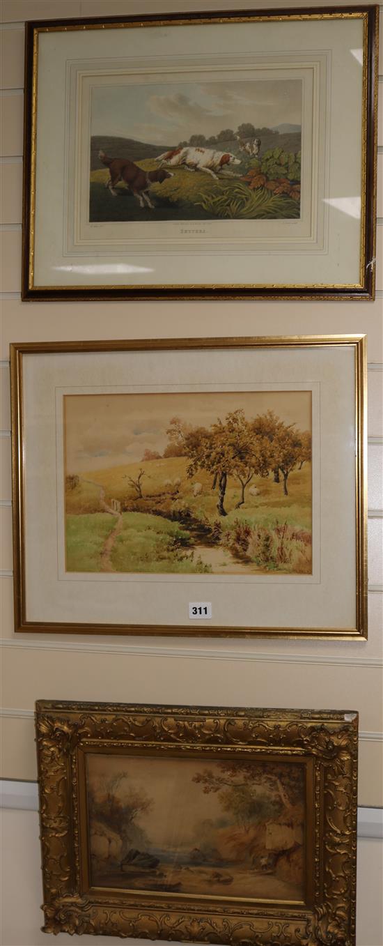 Watercolour, a cove and watercolour of a country scene and a print